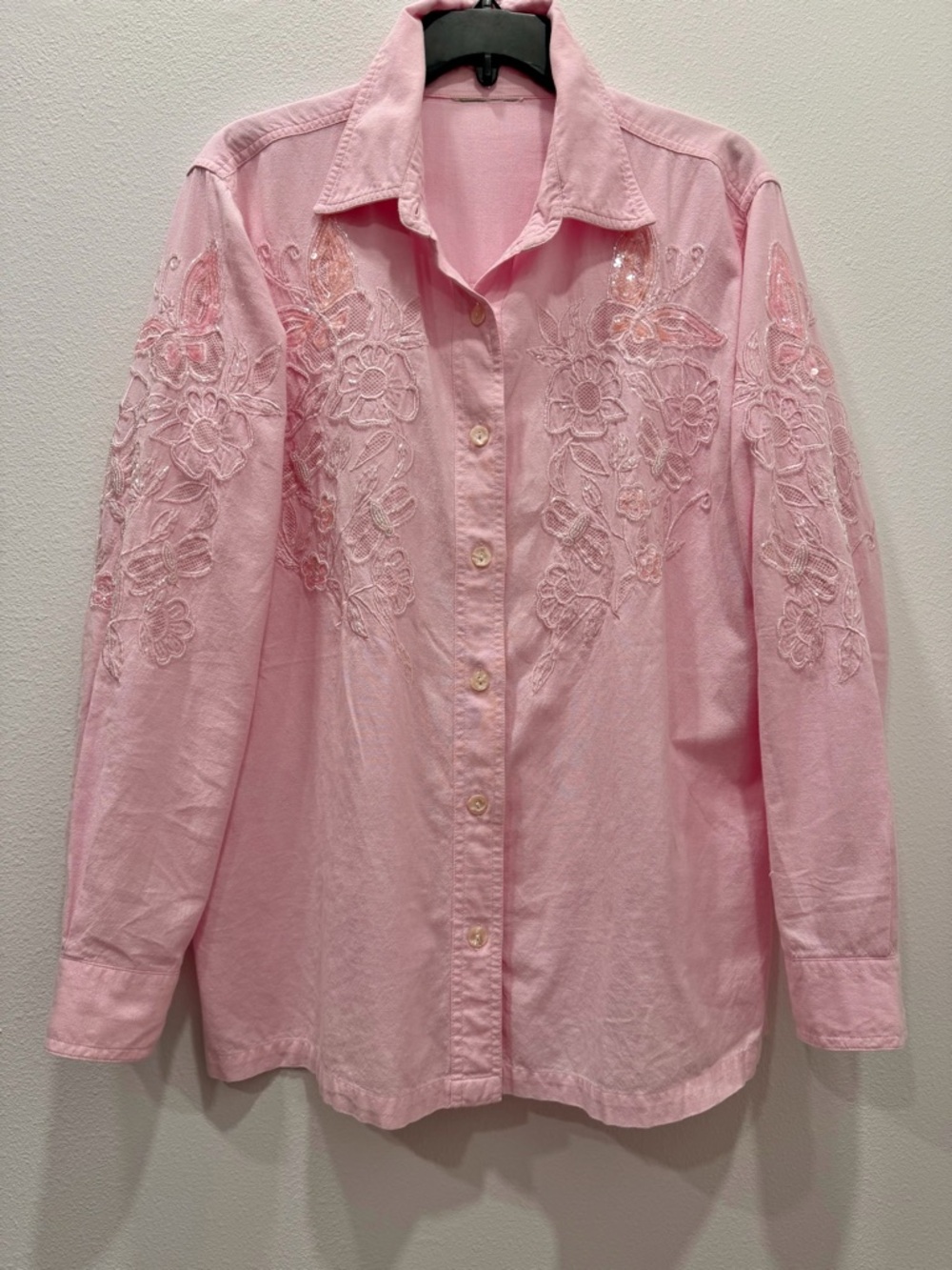 Quacker Factory Vintage Pink Cotton Shirt Butterfly & Floral Embroidery Size L